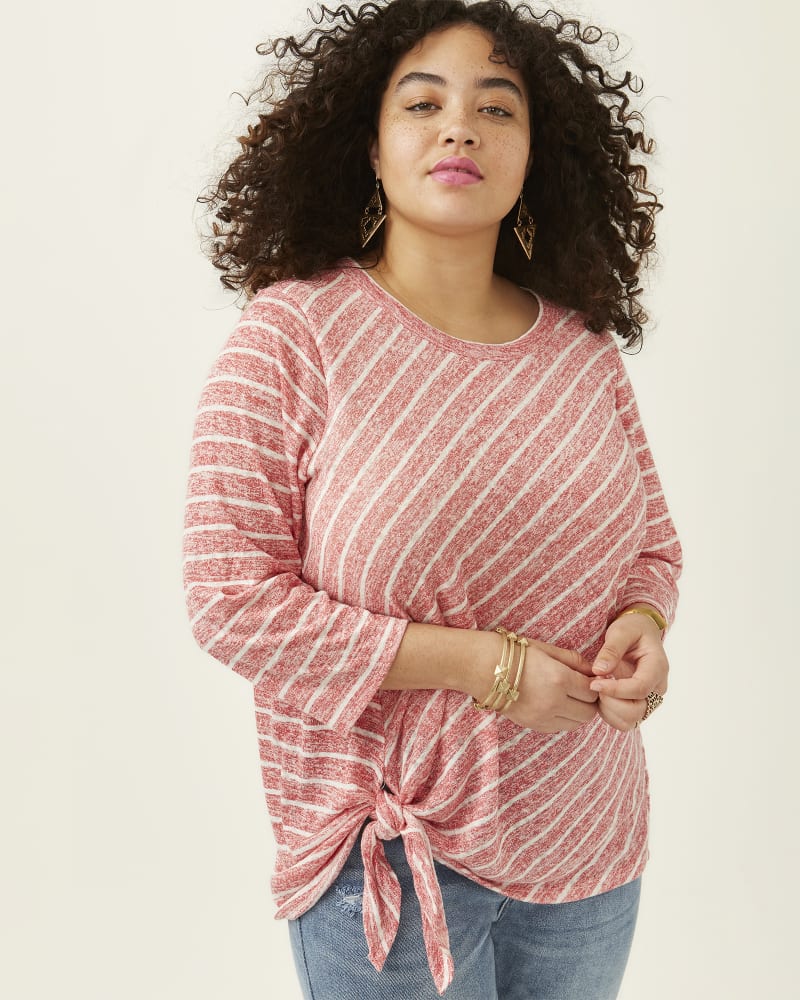 Front of plus size Renee Three-Quarter Sleeve Side Tie Top by Cameo | Dia&Co | dia_product_style_image_id:184303